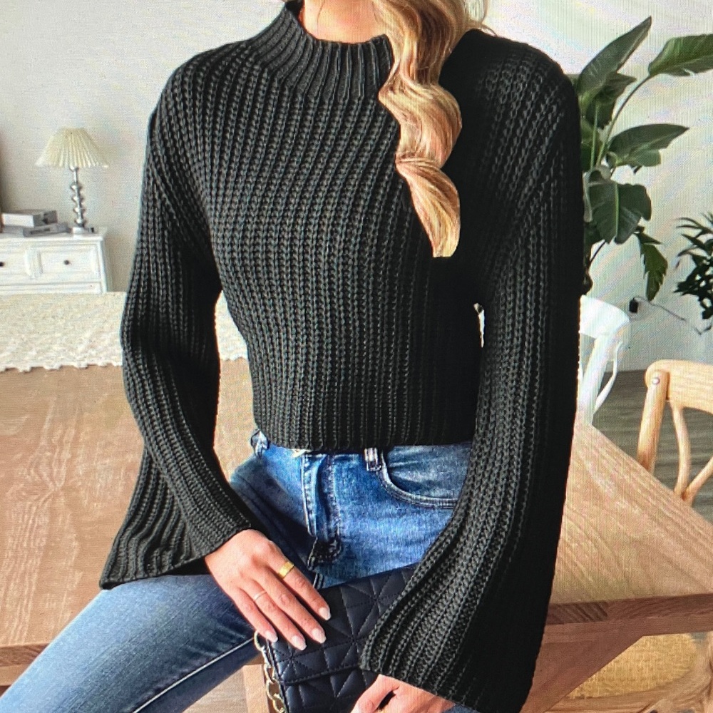 Black Ribbed Crewneck Cropped Sweater - Women
